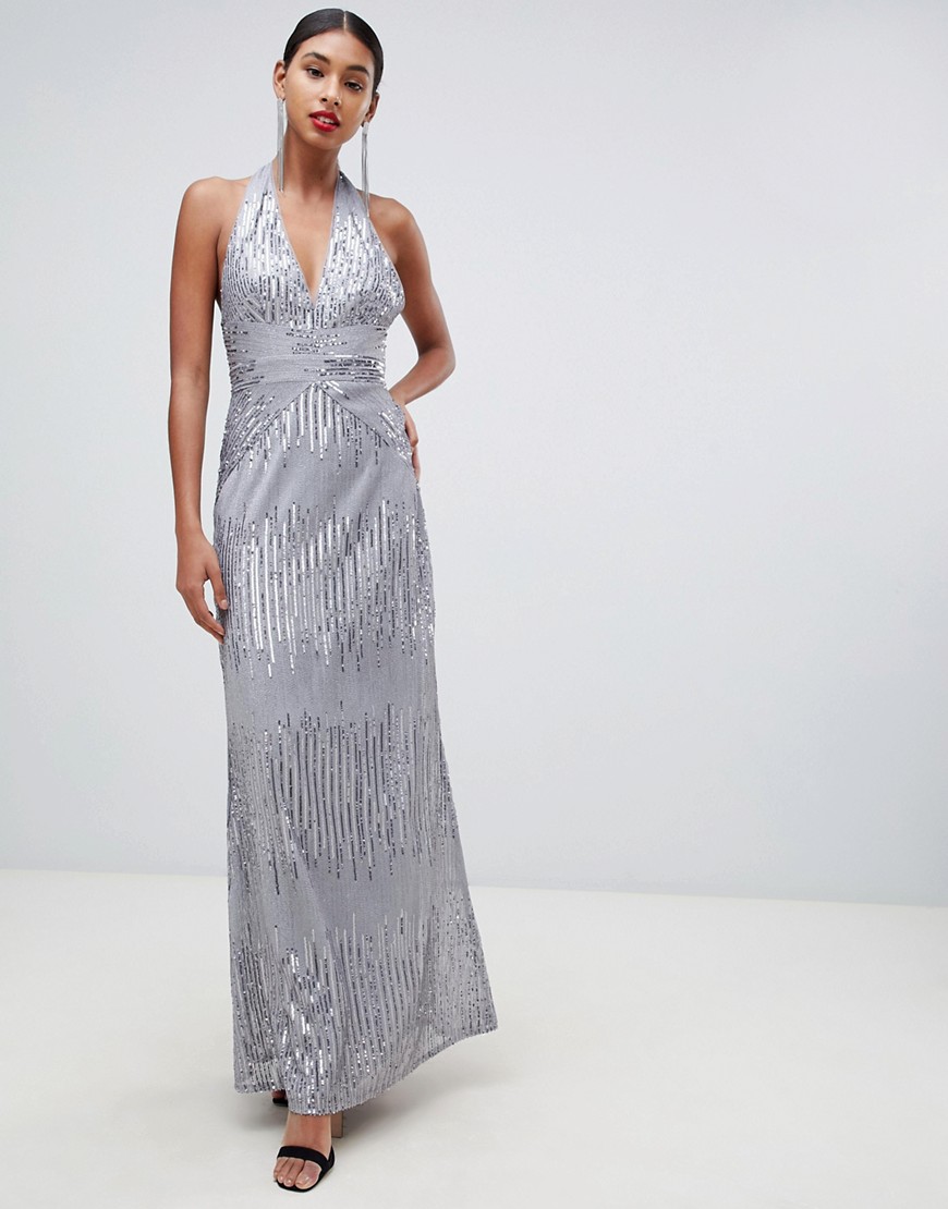 TFNC sequin maxi dress with open back in silver