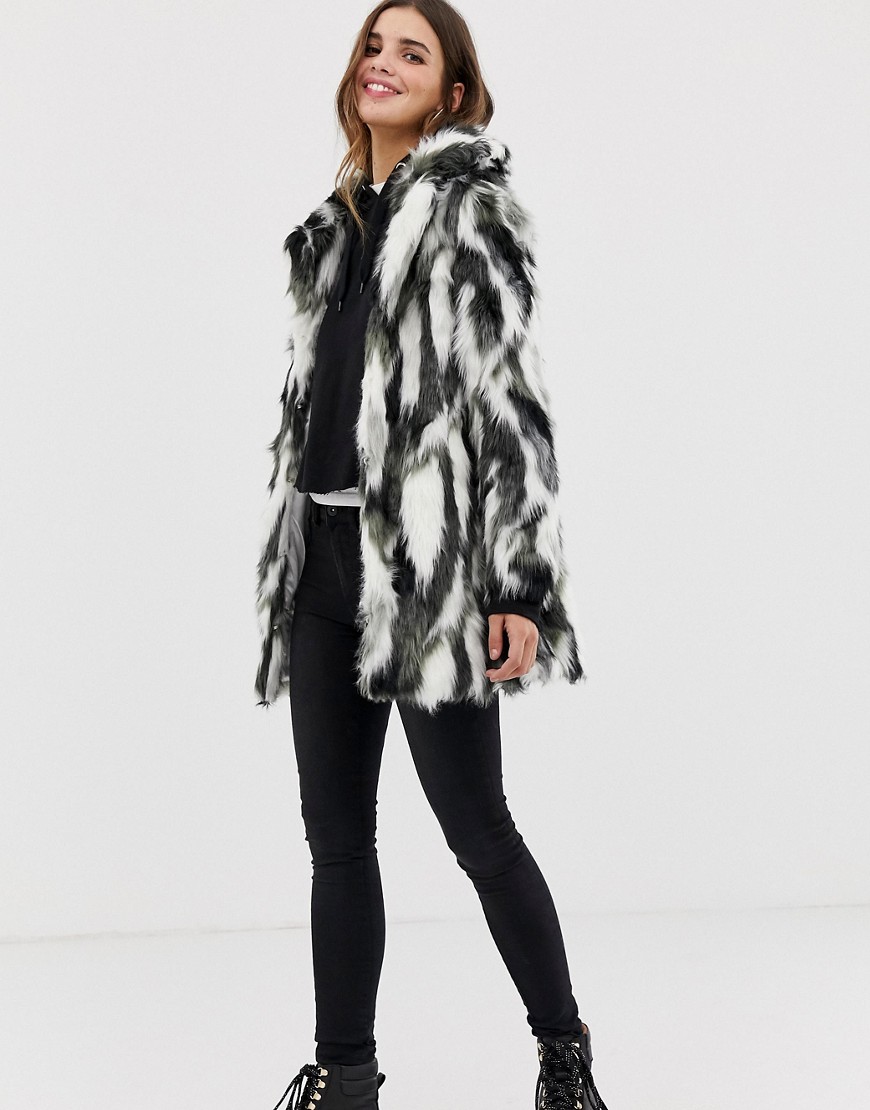 QED London abstract animal faux fur coat