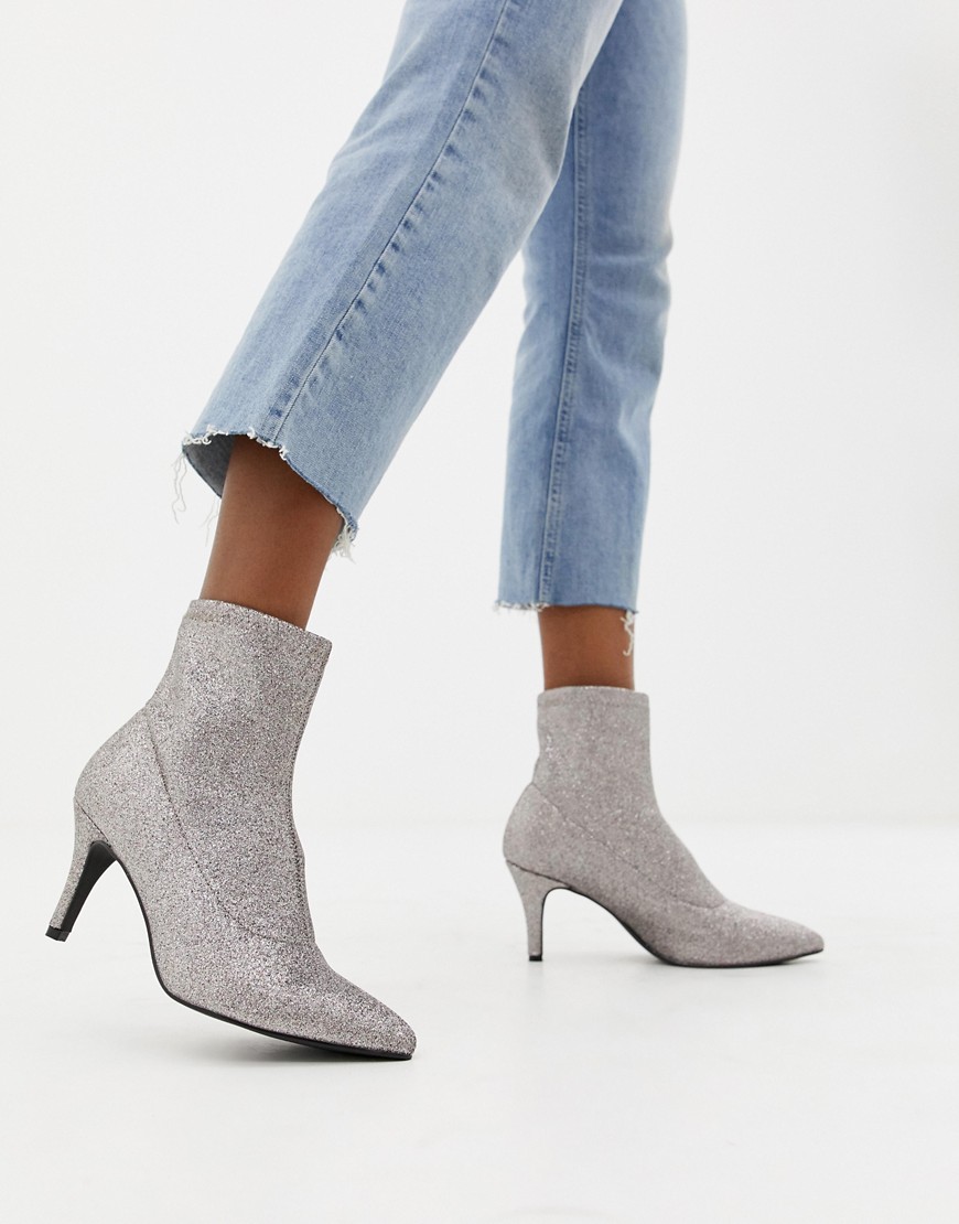 New Look Sock Kitten Heel Boot - Silver