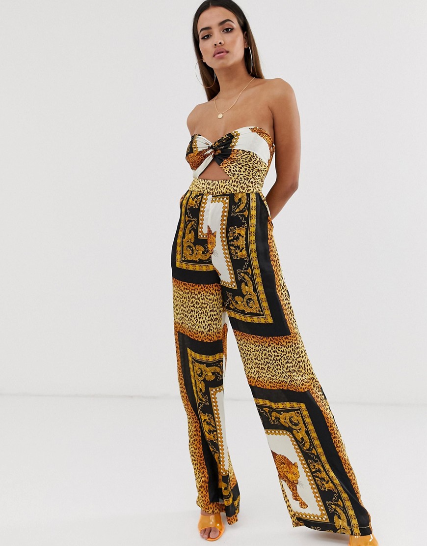 PrettyLittleThing bandeau jumpsuit with twist front in scarf print