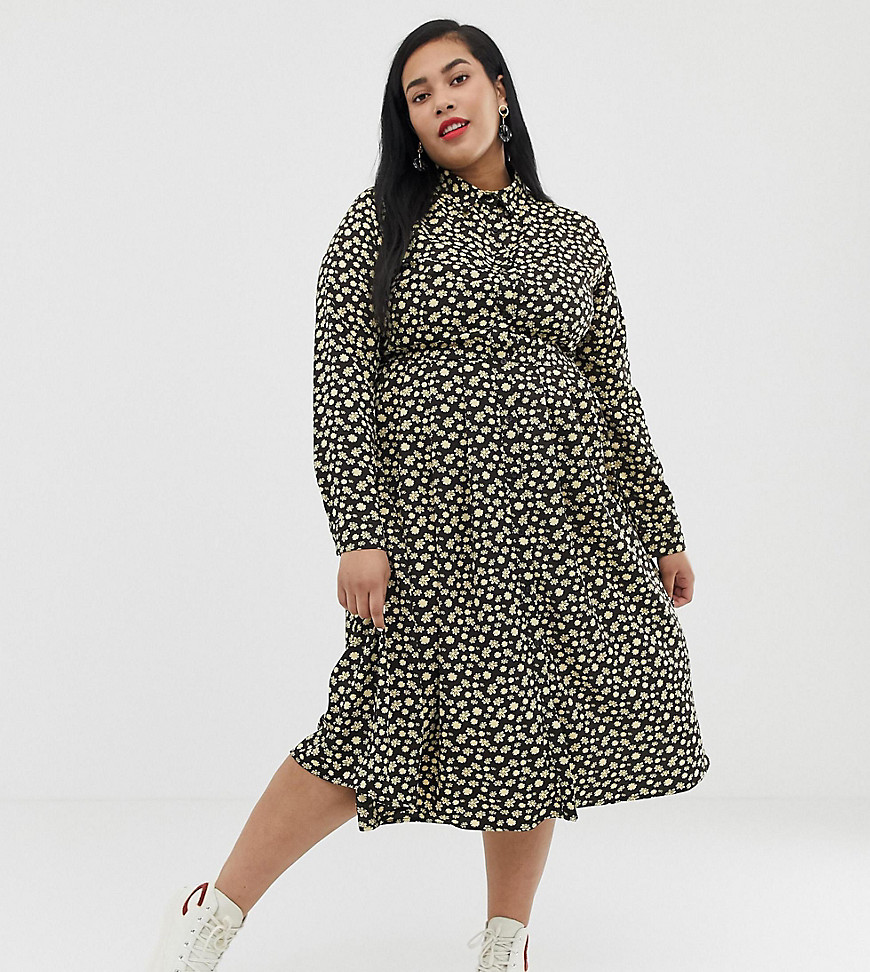 Glamorous Curve midi shirt dress with pleated skirt in buttercup floral