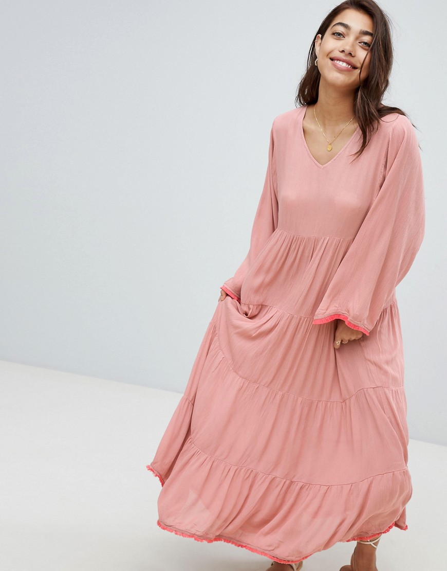 Anmol Maxi Beach Dress With Frill Layer And Embroidered Trim
