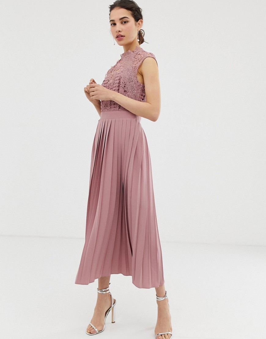Little Mistress lace top midaxi dress with pleated skirt in blush