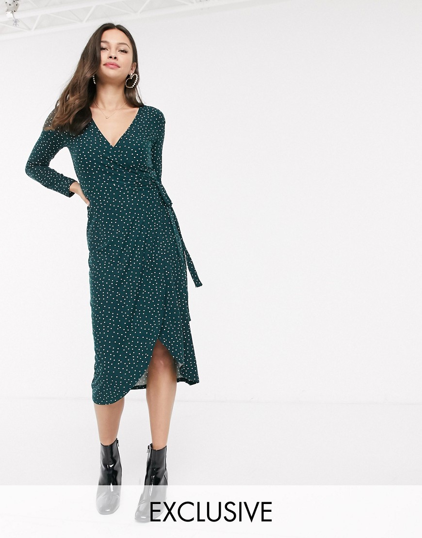 New Look wrap dress with soft touch in green polka dot