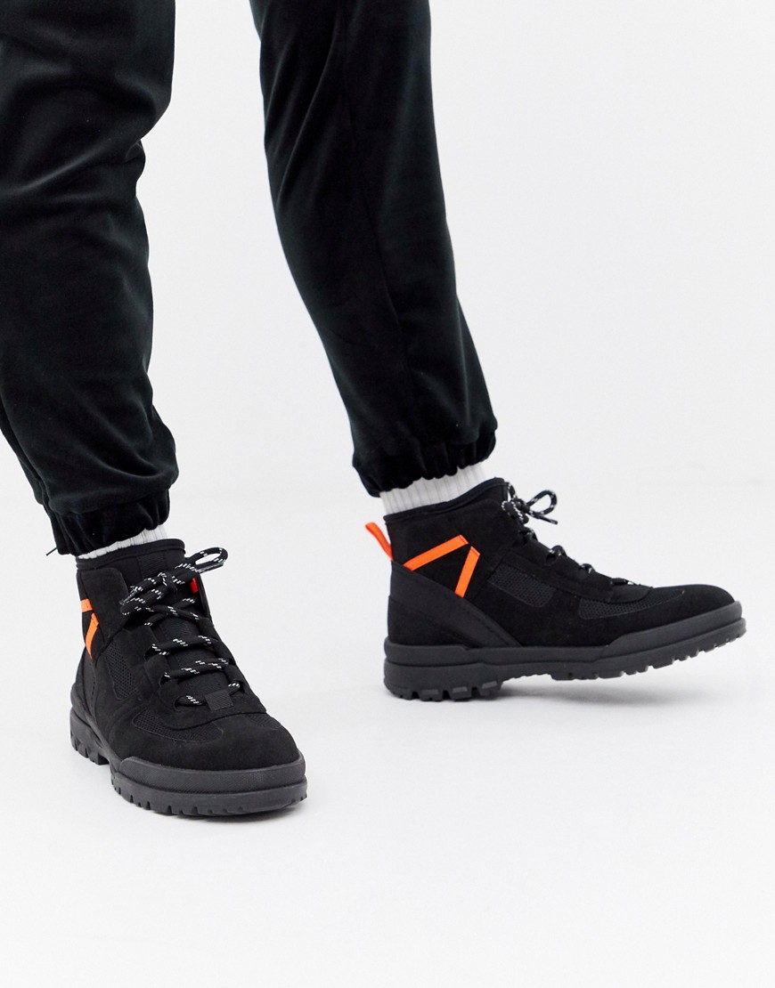 ASOS DESIGN hiker boots in black faux suede with contrast details
