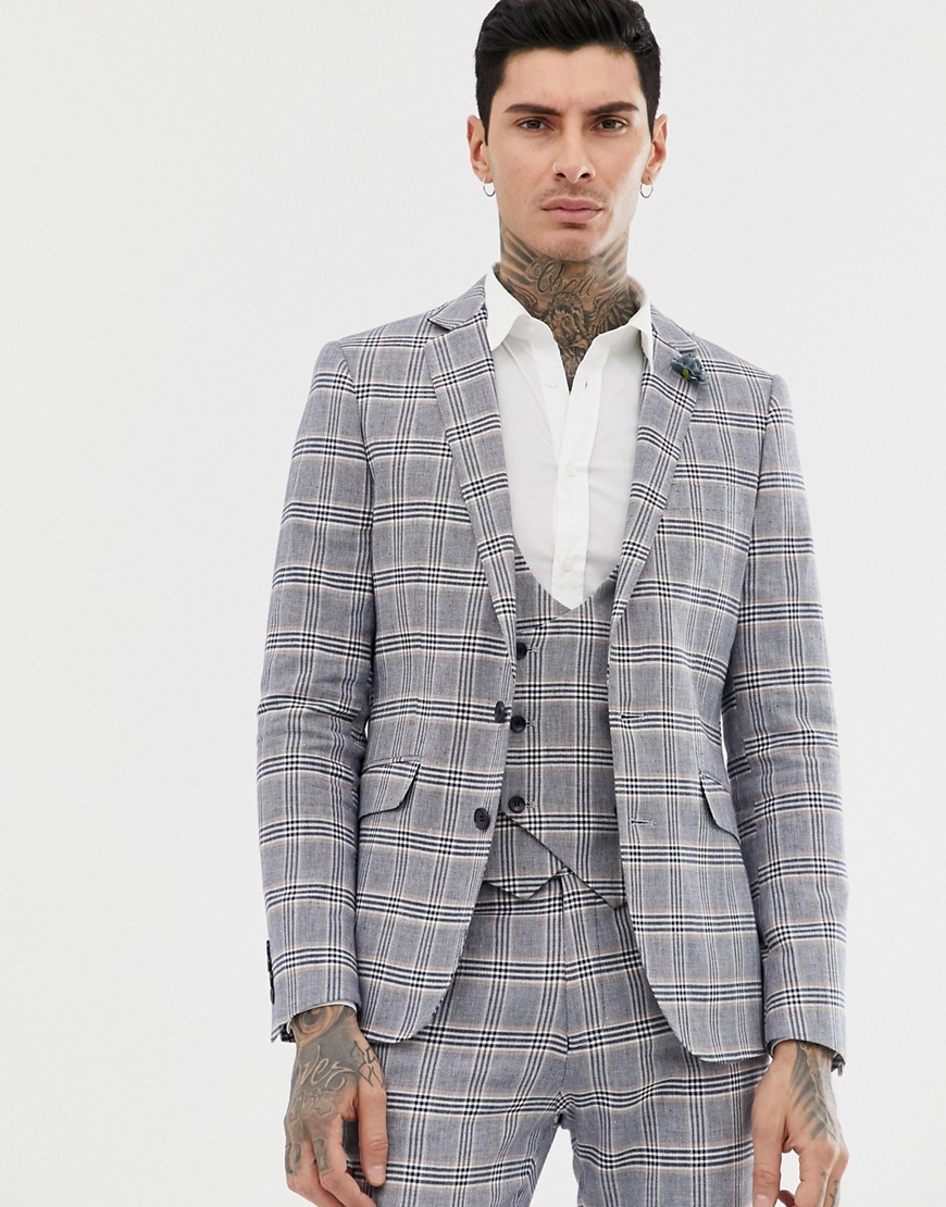Gianni Feraud skinny fit linen blend check suit jacket