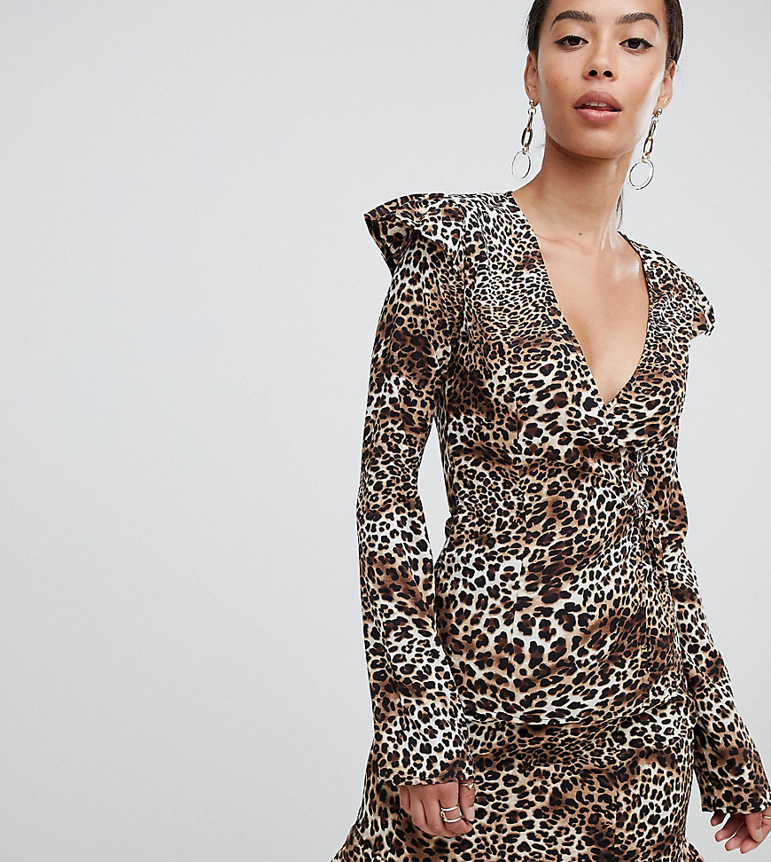 Fashion Union tall wrap top in leopard