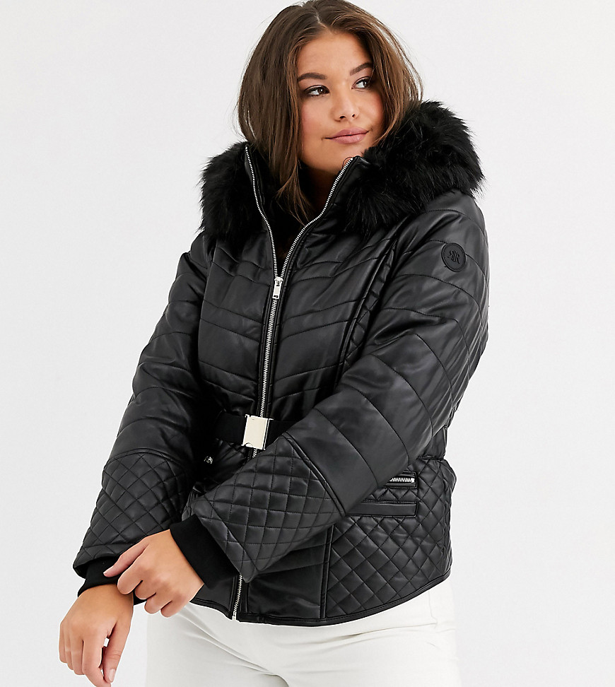 River Island Plus short quilted padded jacket with faux fur hood in black