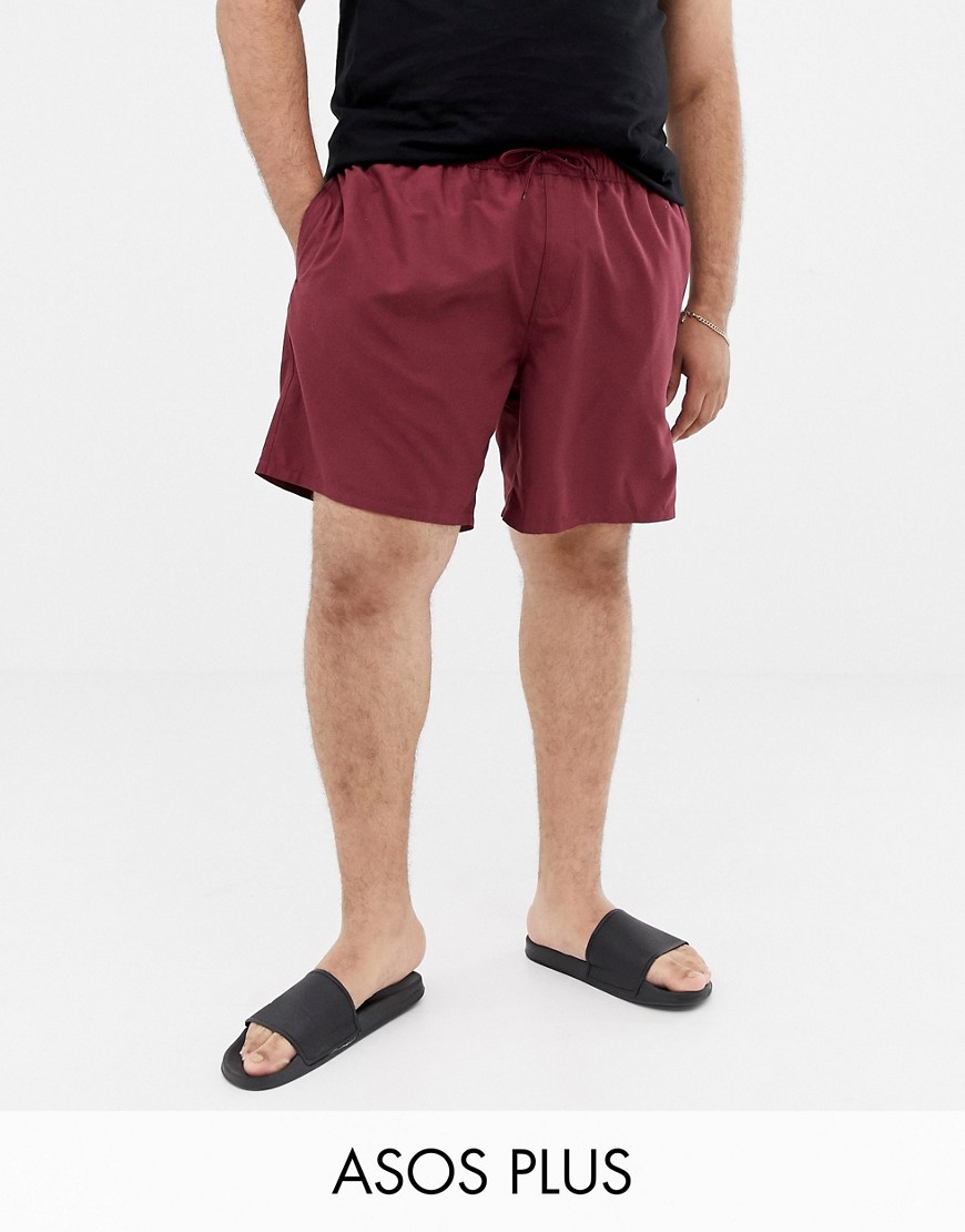 Asos Design Plus Swim Shorts In Burgundy Mid Length-red | ModeSens