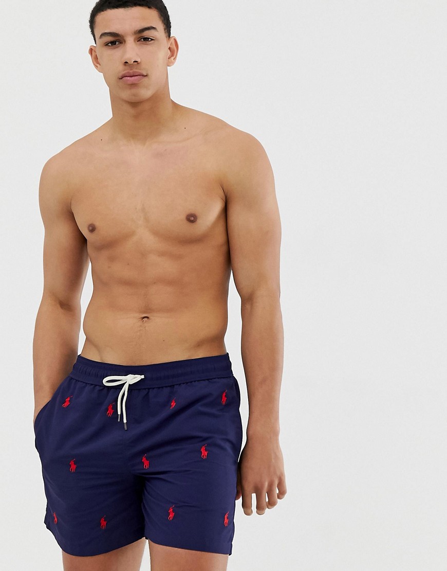 Polo Ralph Lauren Traveler swim shorts with all over polo player embroidery in navy