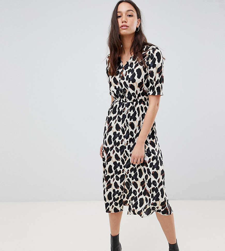 Influence Tall shirred sleeve midi dress with button front in leopard print