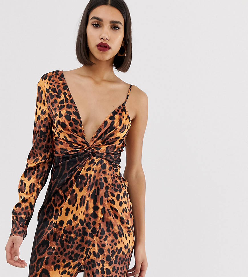 PrettyLittleThing asymmetric sleeve mini dress in leopard print