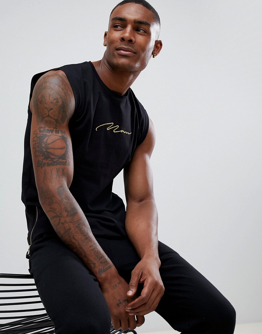 boohooMAN tank with gold man embroidery in black