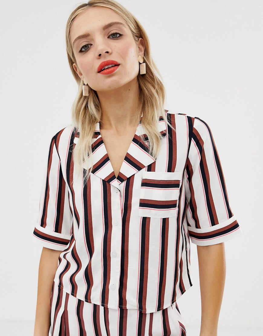 Monki cropped shirt in black and pink stripe