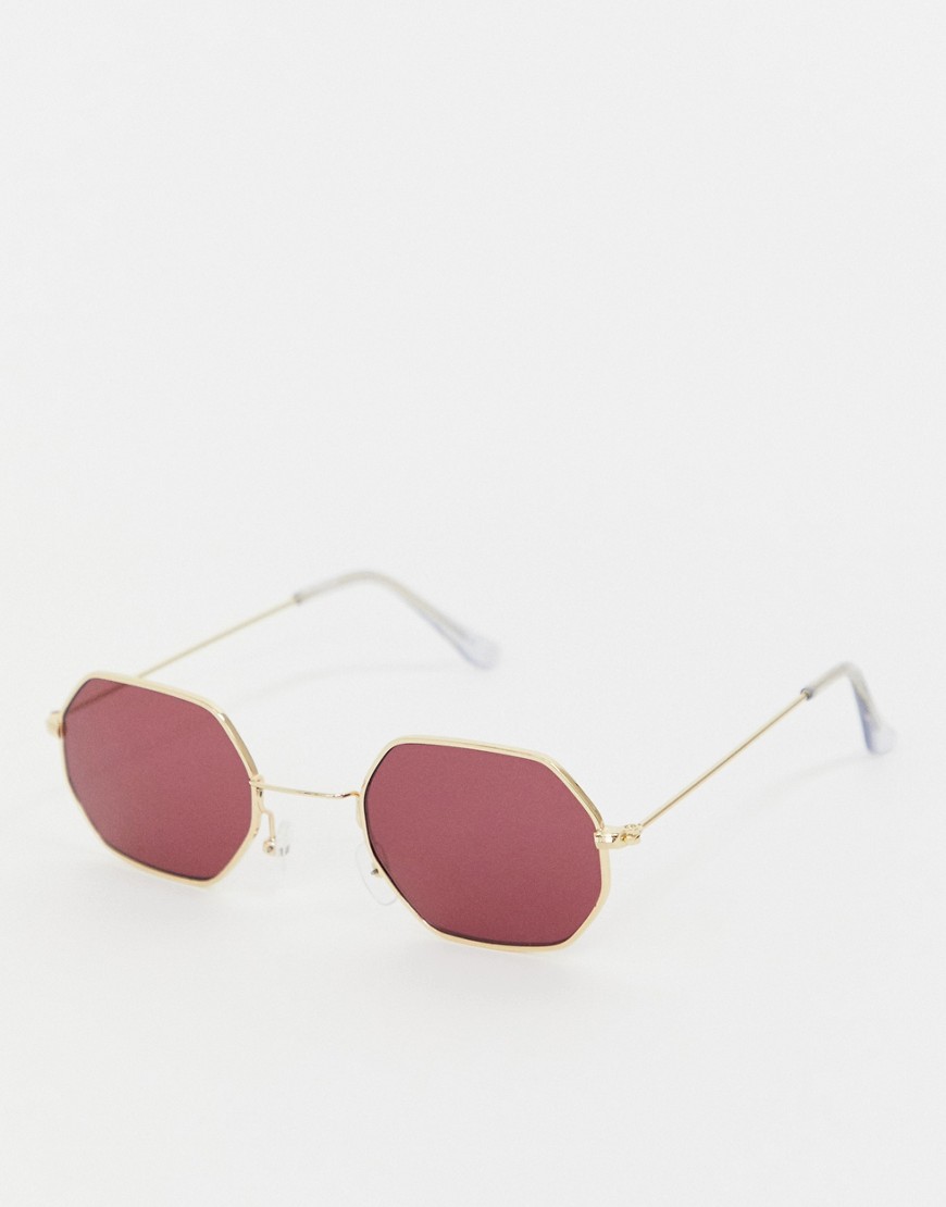 Reclaimed Vintage Inspired hexagonal sunglasses in gold with red lens exclusive to ASOS