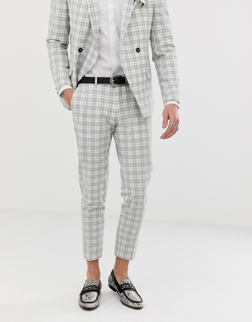 Twisted Tailor tapered crop suit trouser in grey seersucker check