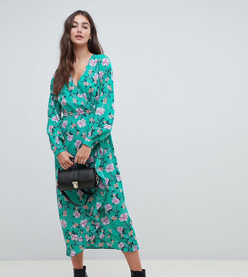 Influence Tall floral print wrap midi dress with ruffle