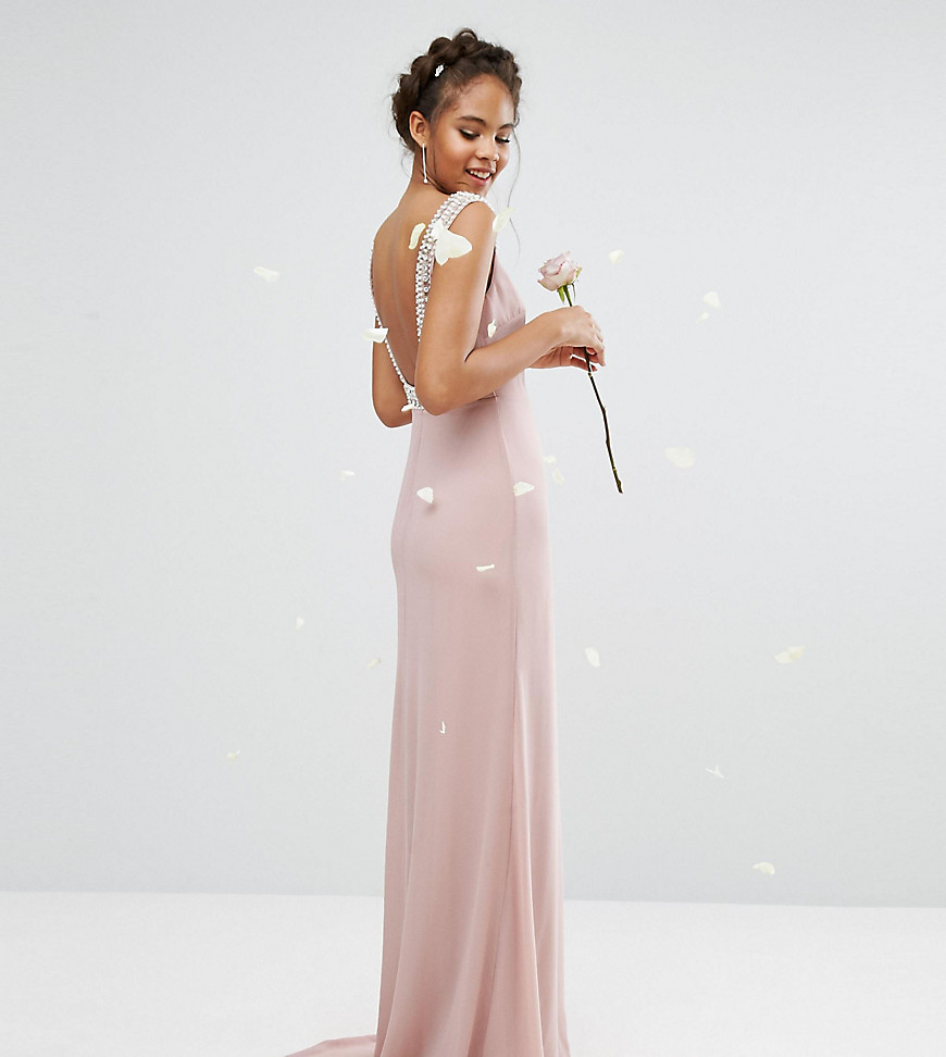 TFNC Tall Wedding High Neck Maxi Dress With Embellished Low Back - Mauve