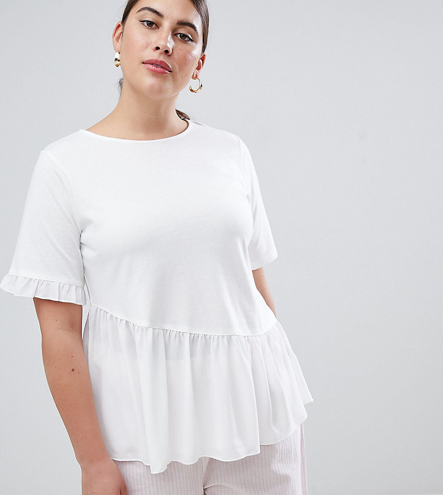 Lost Ink Plus T-Shirt With Asymmetric Woven Frill Hem - White