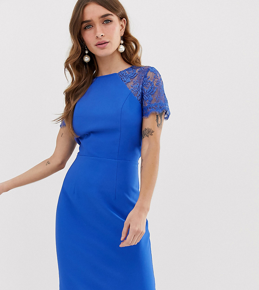 Chi Chi London Petite pencil dress with lace insert and cap sleeve in blue
