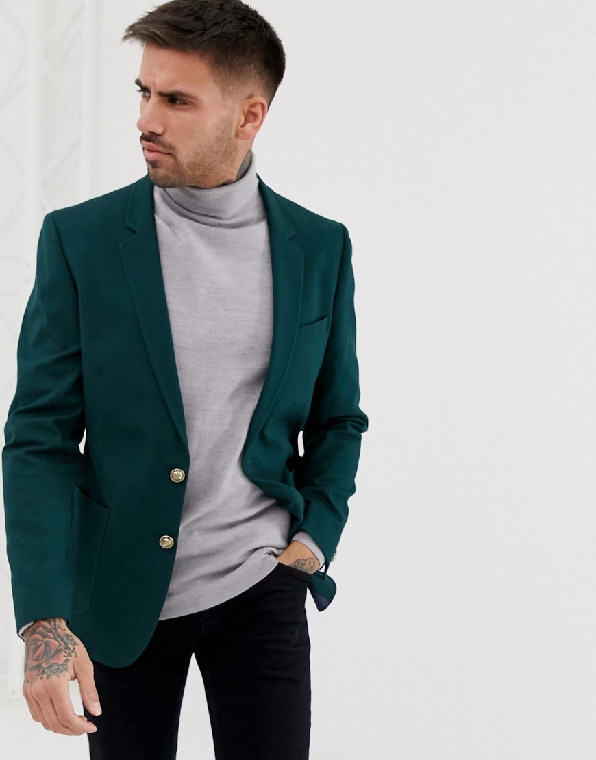 ASOS DESIGN skinny blazer in dark green with gold buttons