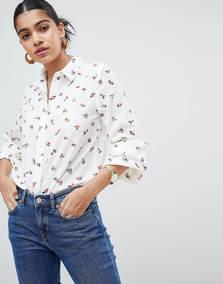 Fashion Union Long Sleeve Shirt In Ditsy Floral - Apricot floral