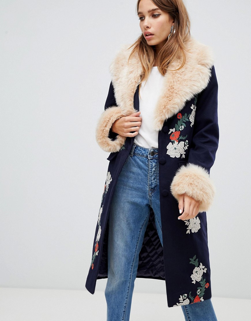 Dolly & Delicious floral embroidered coat with faux fur trim in navy