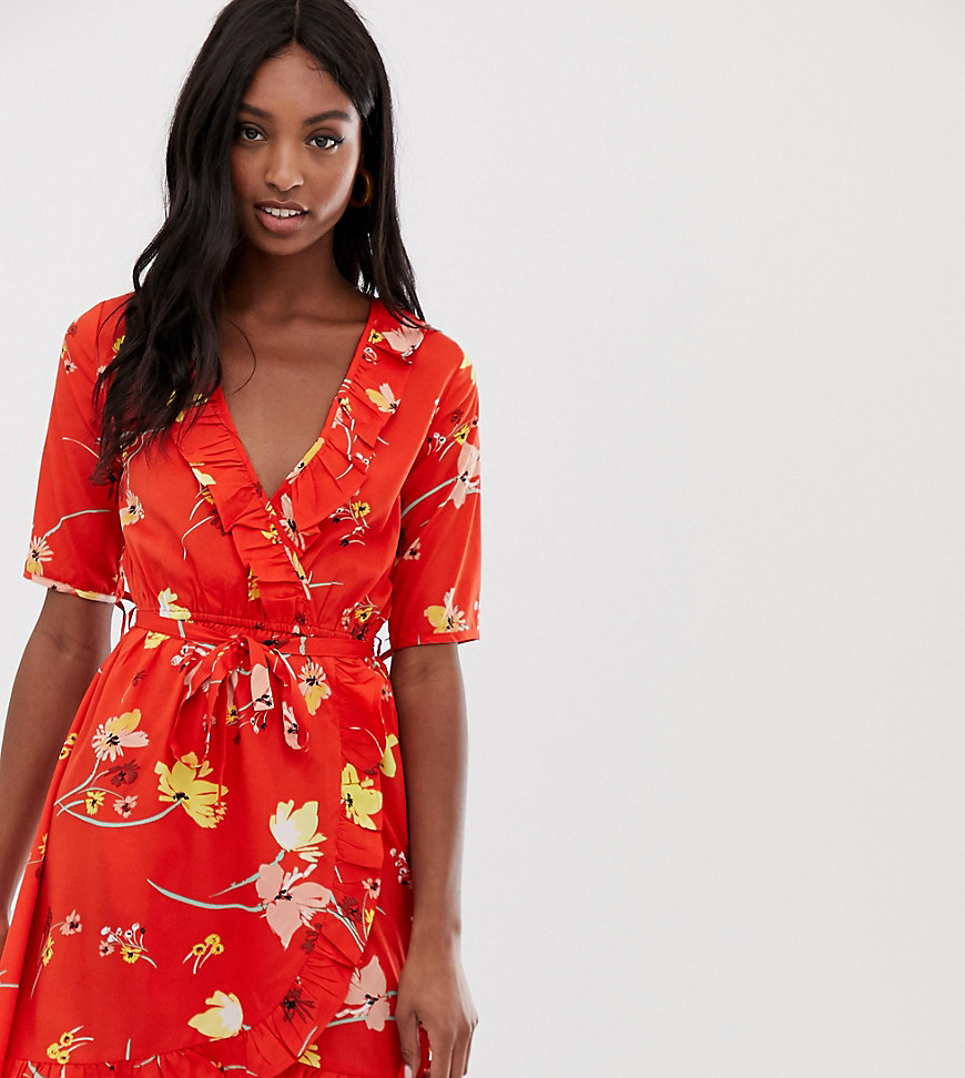 Influence Tall floral wrap dress with tie sleeve and ruffle in red