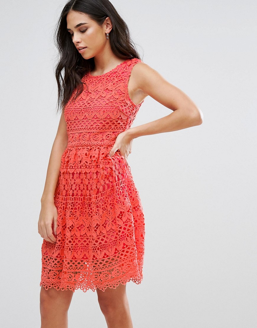Liquorish Lace Mini Dress - Coral