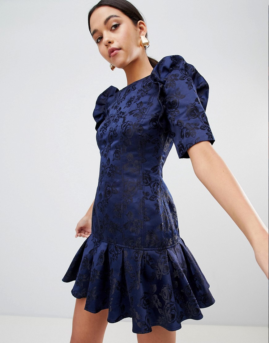 C/meo Collective FLORAL RUFFLE SHOULDER DRESS - NAVY
