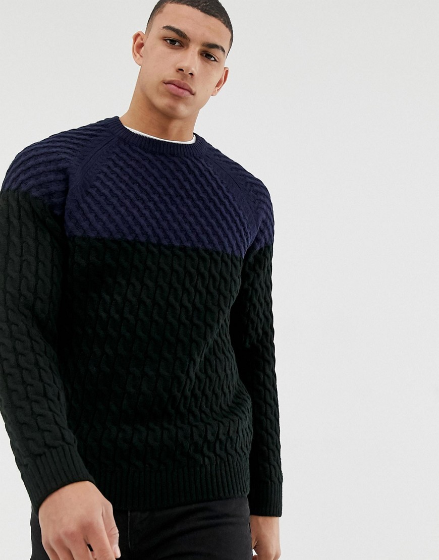 Burton Menswear cable knit jumper in colour block blue