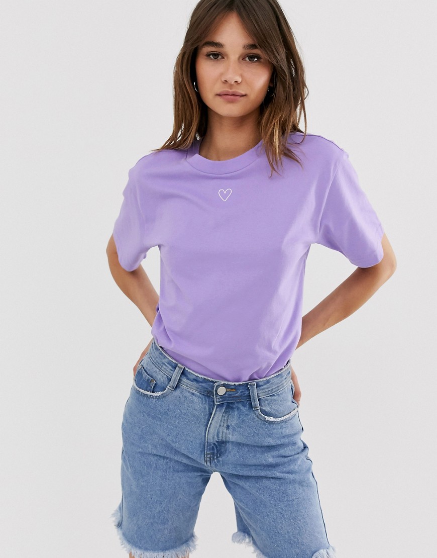 Monki oversized crew neck t-shirt with heart logo in lilac