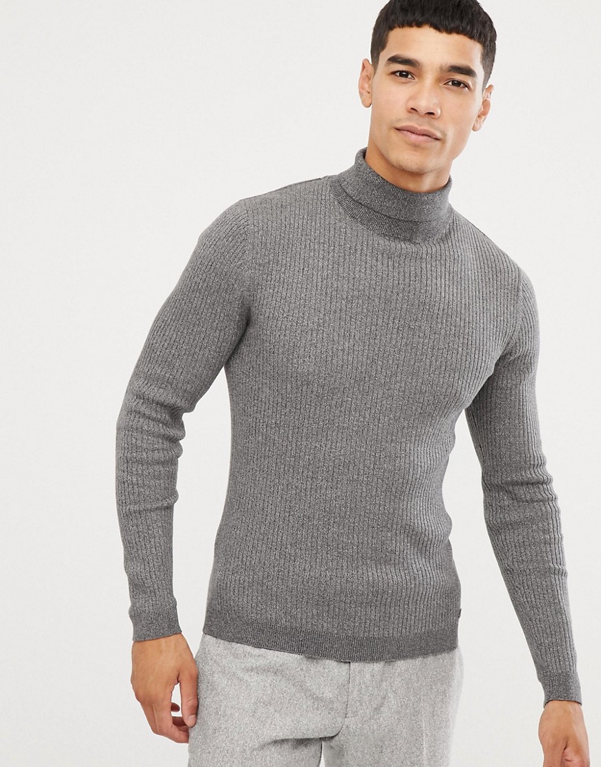 Esprit rib knit muscle fit roll neck jumper in grey