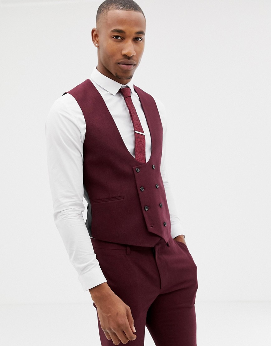ASOS DESIGN wedding super skinny suit waistcoat in burgundy micro texture