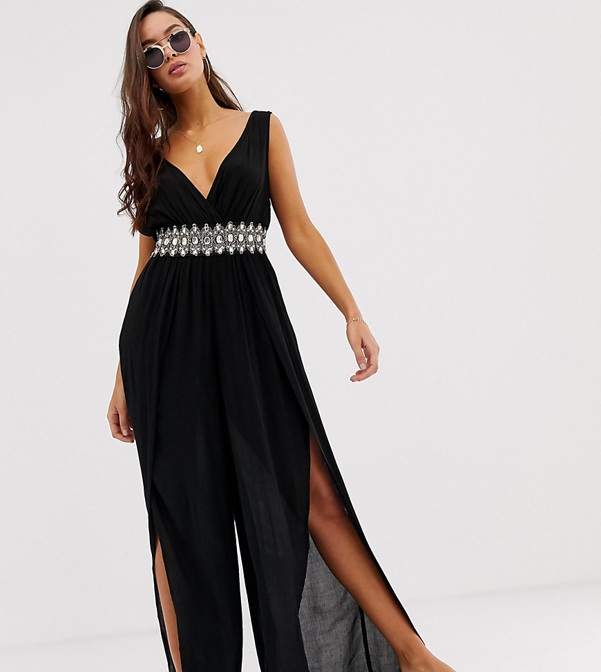 River Island beach jumpsuit with embellished waistband in black
