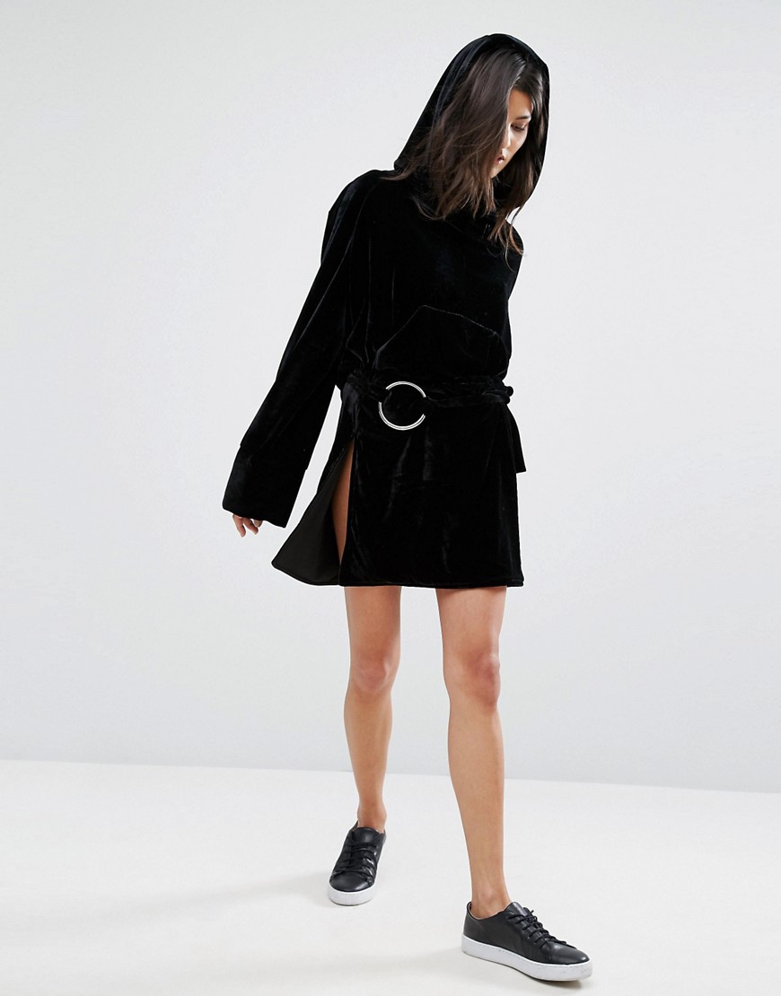 House Of Sunny Velvet Side Split Mini Skirt With Ring Detail - Black