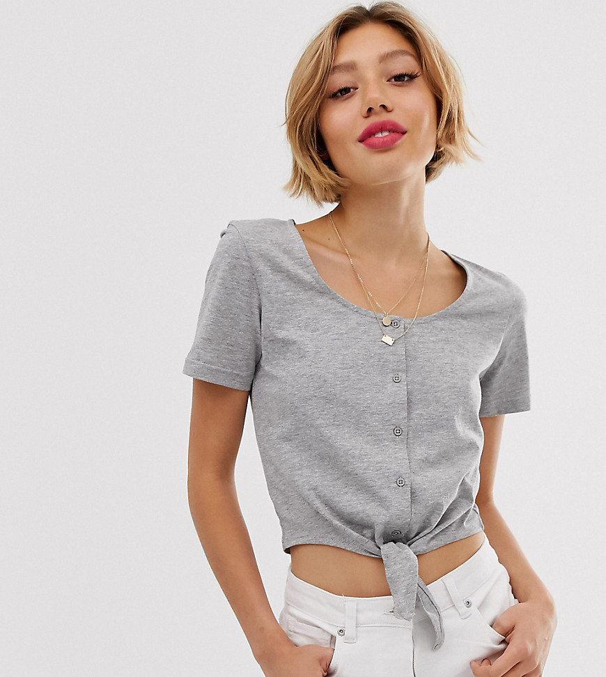 Brave Soul Petite crop t short with tie front and button detail