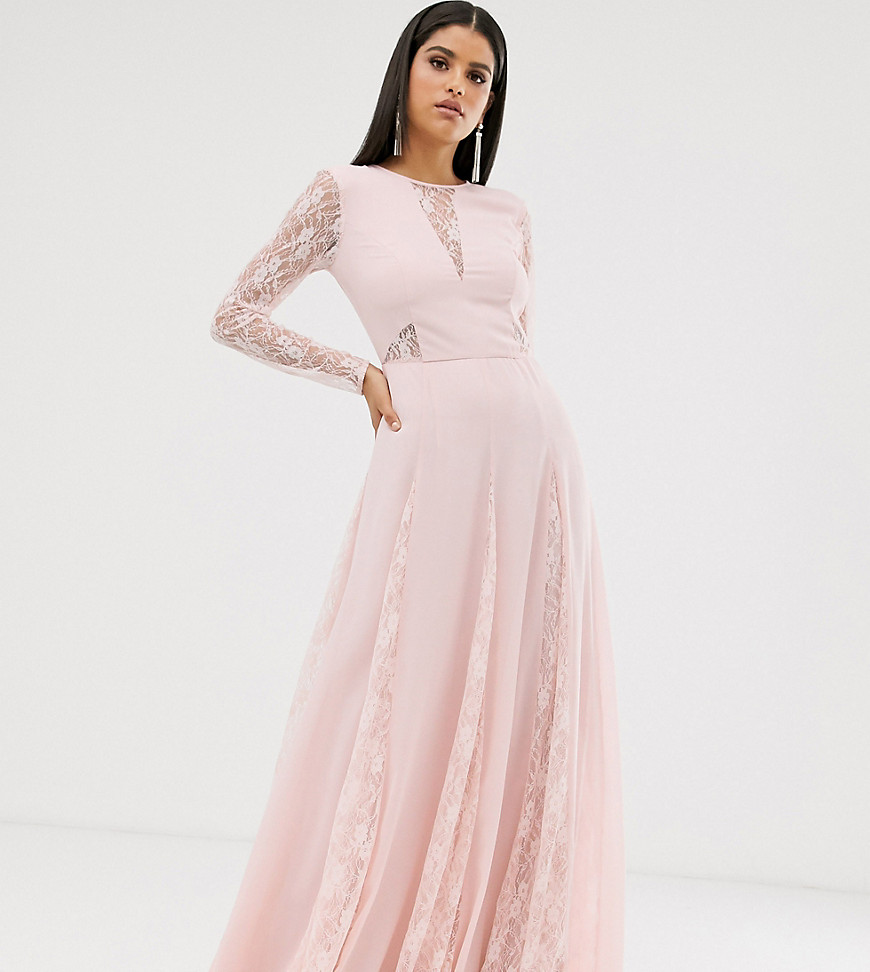 Asos Design Tall Maxi Dress With Long Sleeve And Lace Paneled Bodice-pink