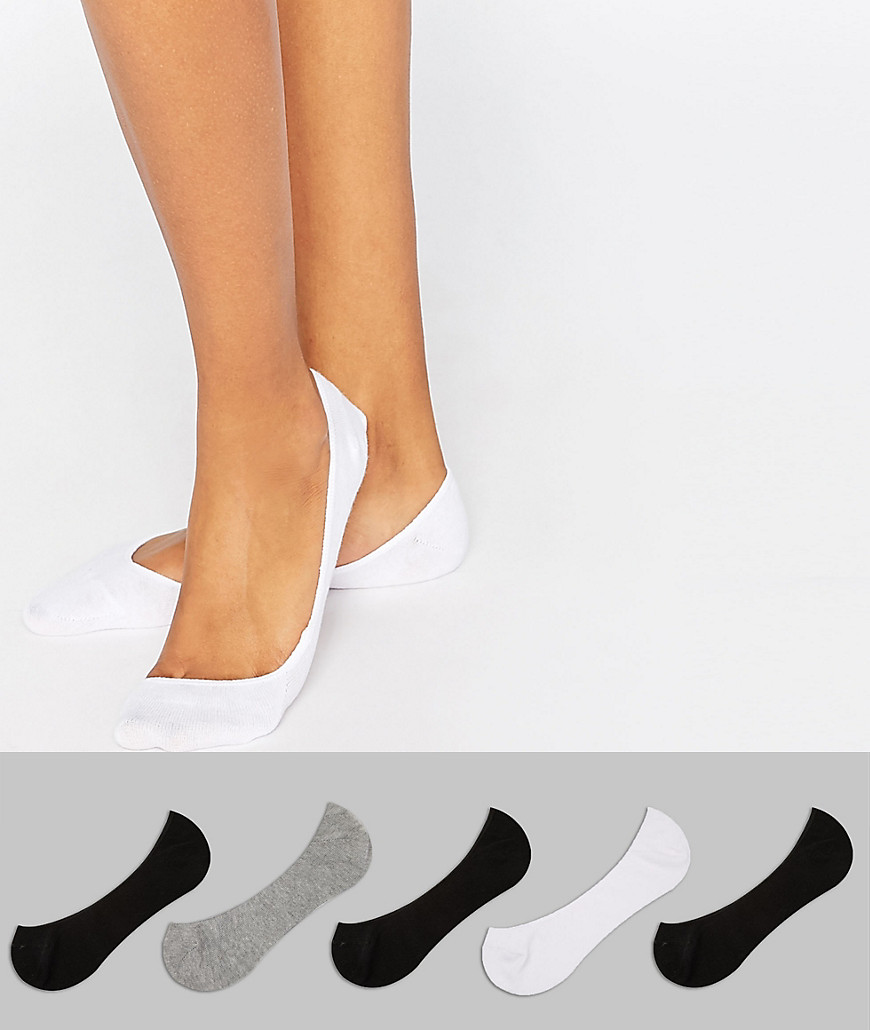 ASOS DESIGN 5 pack invisible socks with back grip band detail in black white and grey