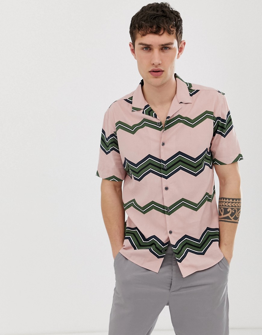 Moss London skinny fit shirt with revere collar with zig zag stripe in pink