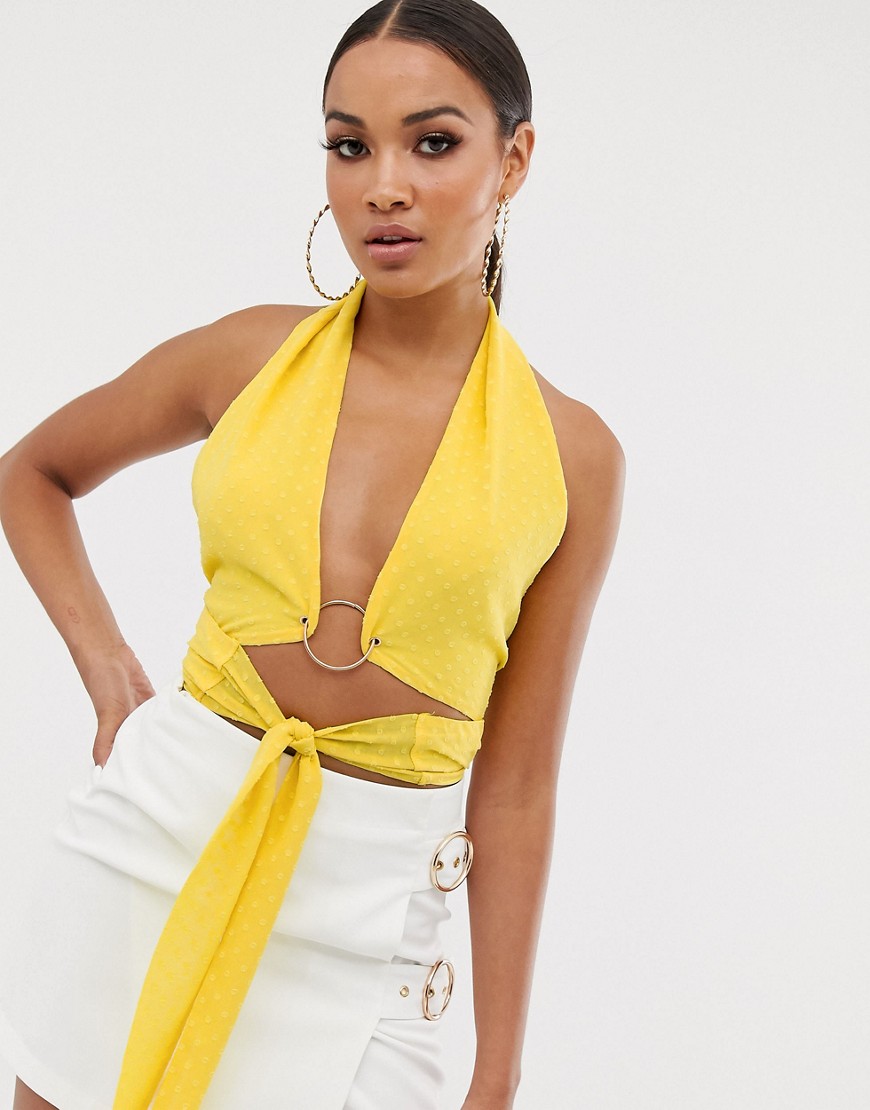 Lasula plunge front ring detail tie front crop top in yellow