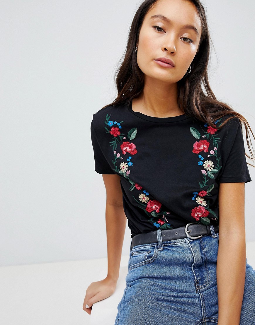 Pimkie Floral Embroidered Front Tee - Black