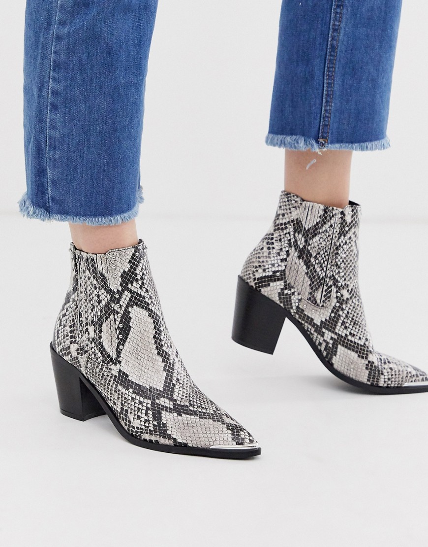 Head Over Heels Pomona natural snake effect mid heeled ankle boots with metal toe cap