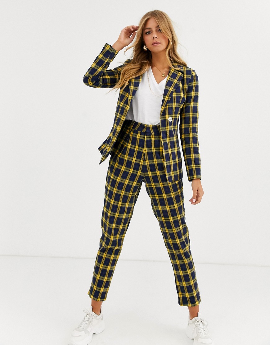 Heartbreak tailored peg leg trousers in navy and yellow check