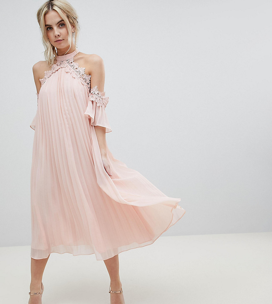 True Decadence Petite Pleated Swing Dress With Cold Shoulder Detail - Pale peach