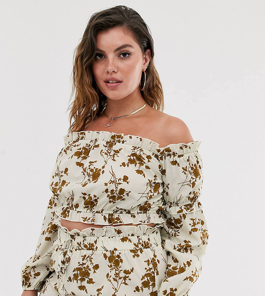In The Style x Dani Dyer Plus long sleeve crop top in cream floral print
