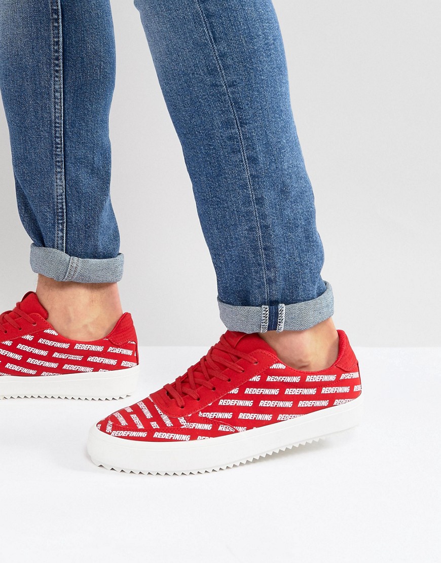 Bershka Plimsole Trainer With Slogan Print In Red - Red