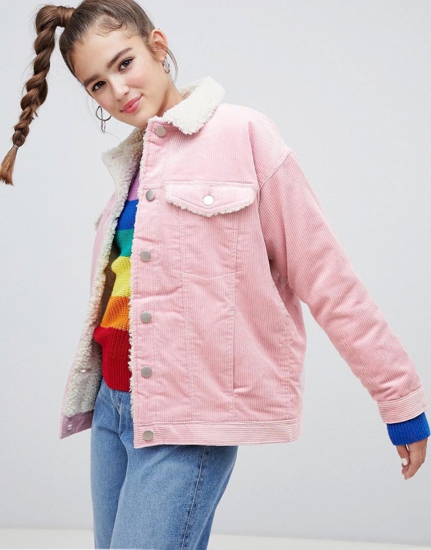 Monki shearling collar cord jacket in pink