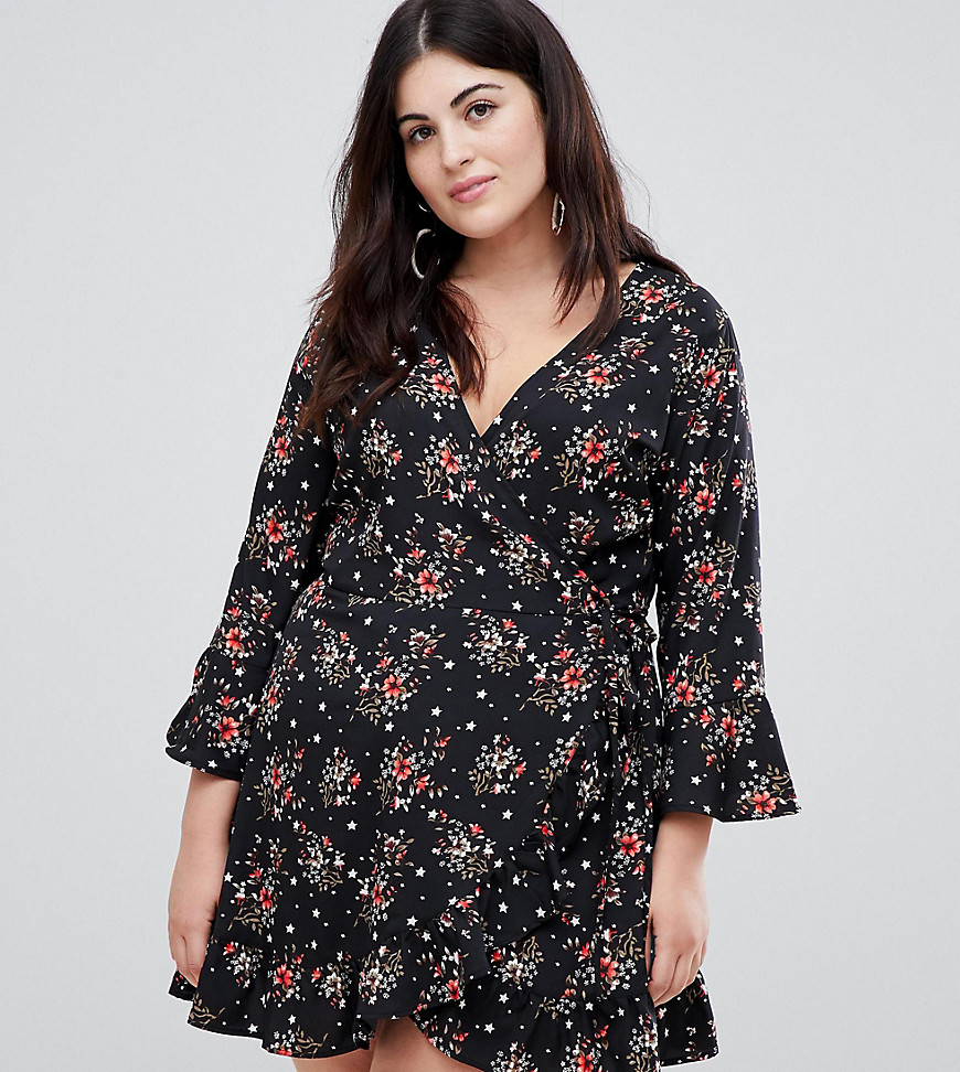 Influence Plus floral and star print ruffle detail wrap dress