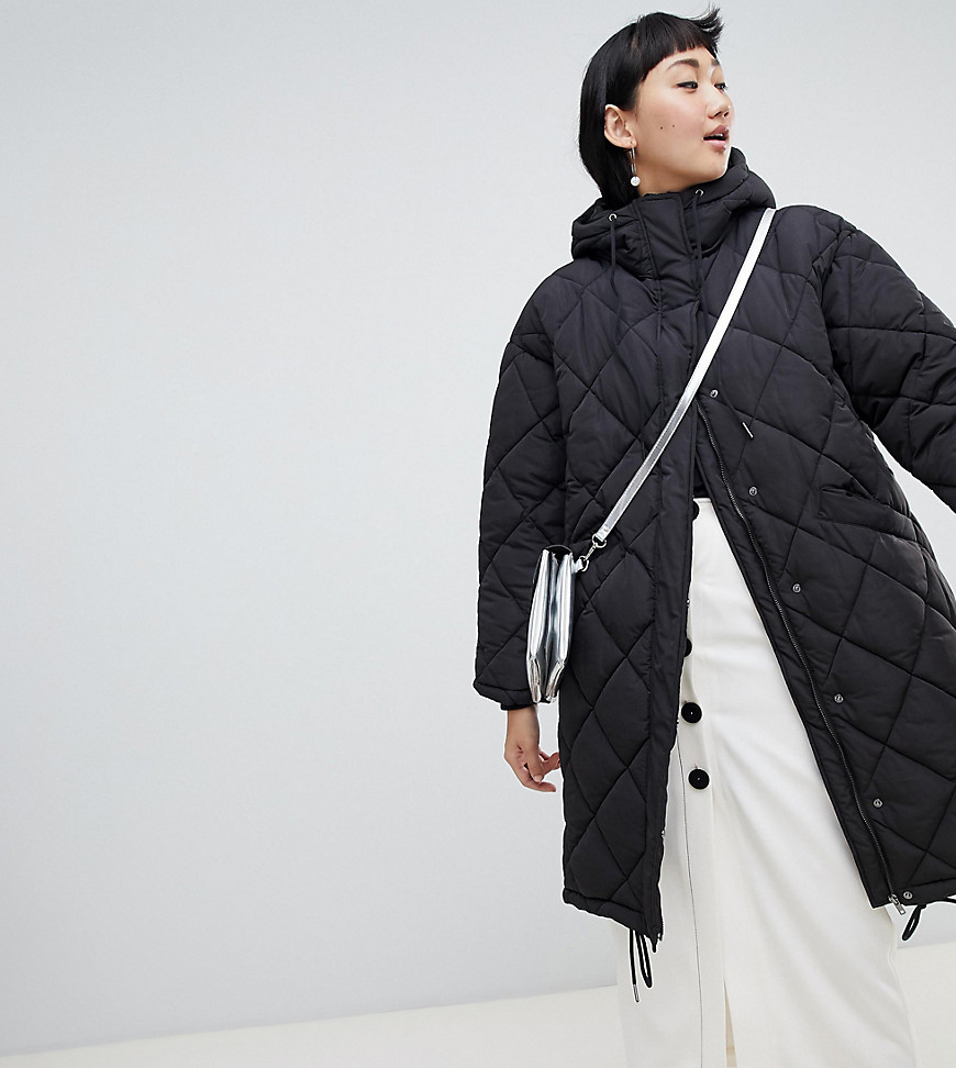 Monki quilted lightweight coat with hoodie in black